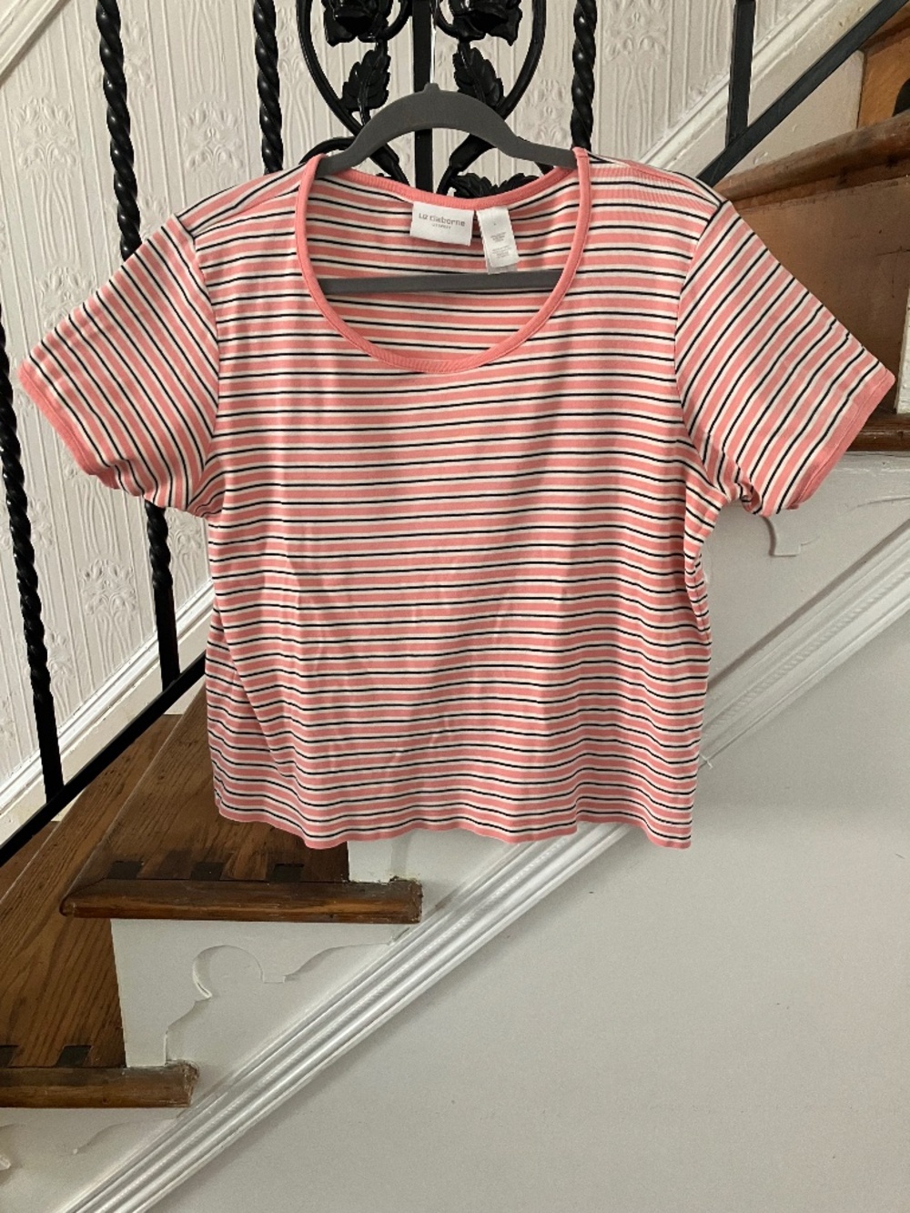 EUC Liz Claiborne Liz Sport cotton stripe ringer tee shirt top Y2K size L Large